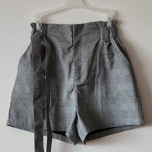 VADIM Houndstooth/Plaid Paperbag Waist Belted Shorts